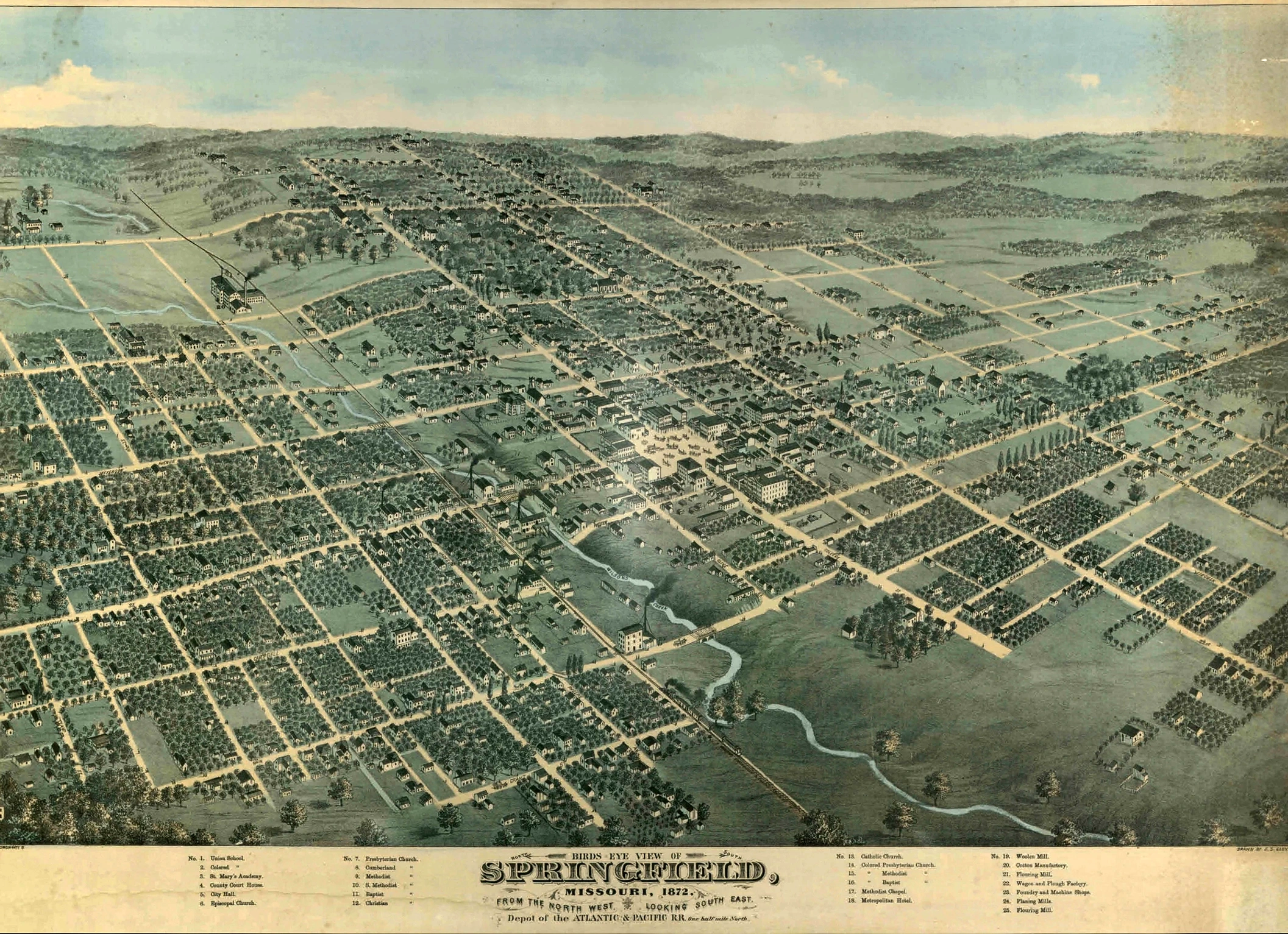 1872 bird’s-eye map of Springfield, Missouri, drawn by Eli Sheldon Glover
