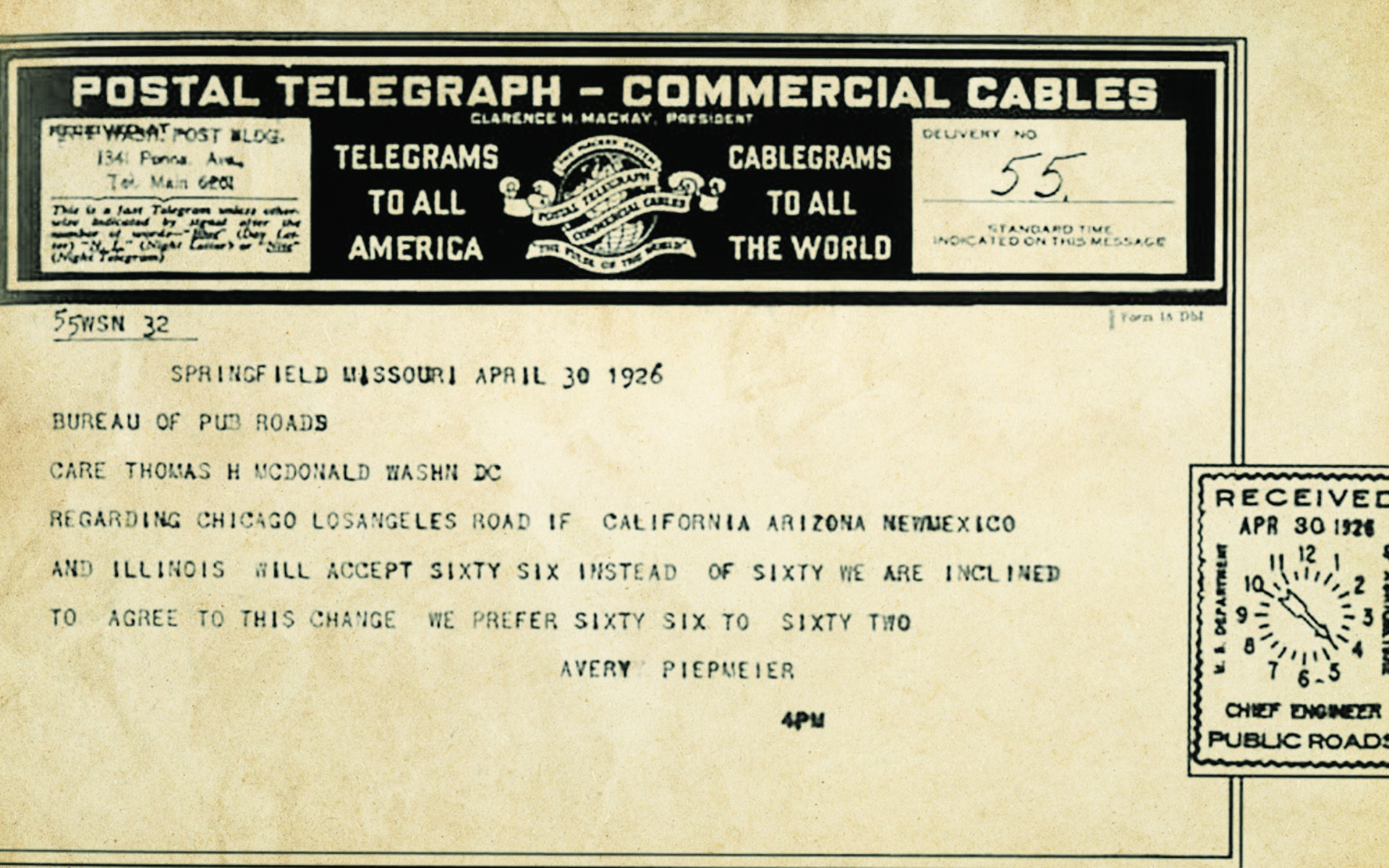 The telegraph rejecting the name Route 62 in favor of Route 66